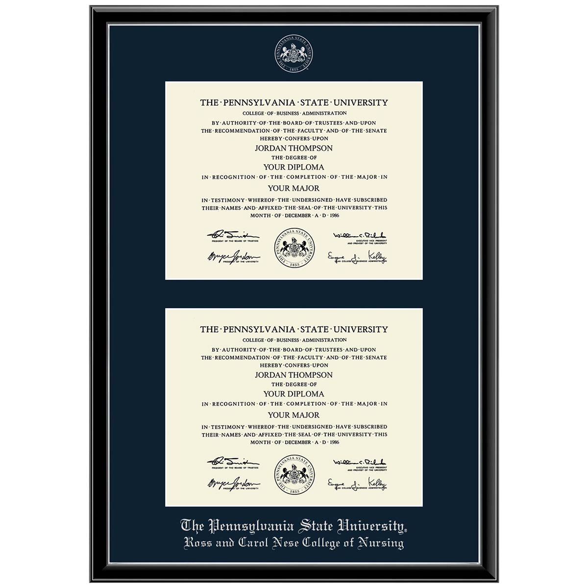 #102 Ross and Carol Nese College of Nursing double diploma frame Onexa Silver (Black)